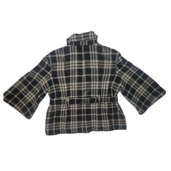 Focus 2000 Plaid Wool Jacket Belted Waist Black Cream Snap Buttons Size 16 - Picture 2 of 9